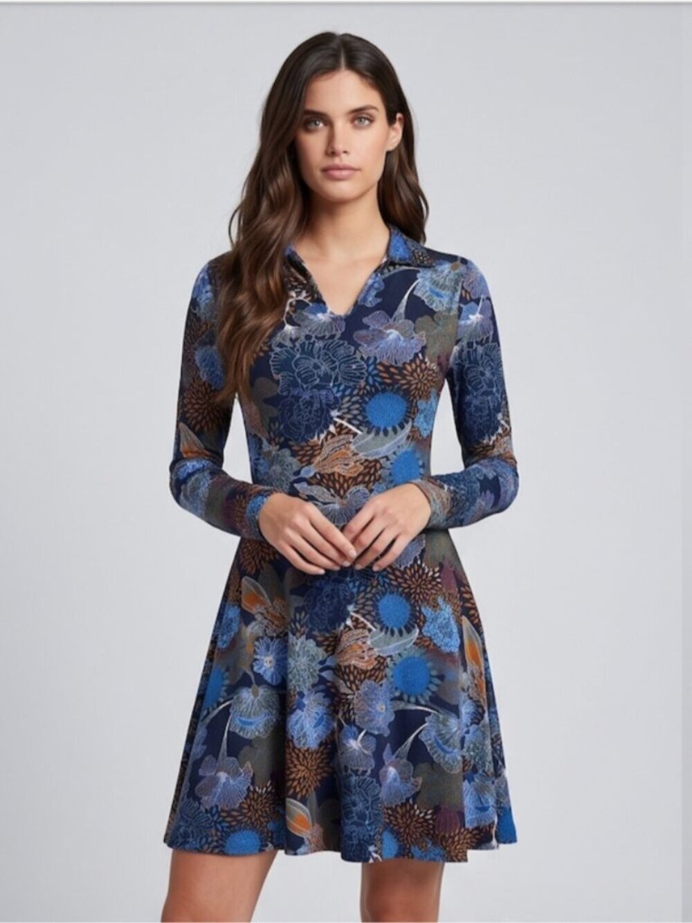 H&M Navy Floral Fit & Flare Knit Dress, Casual Preppy Long Sleeve Mini